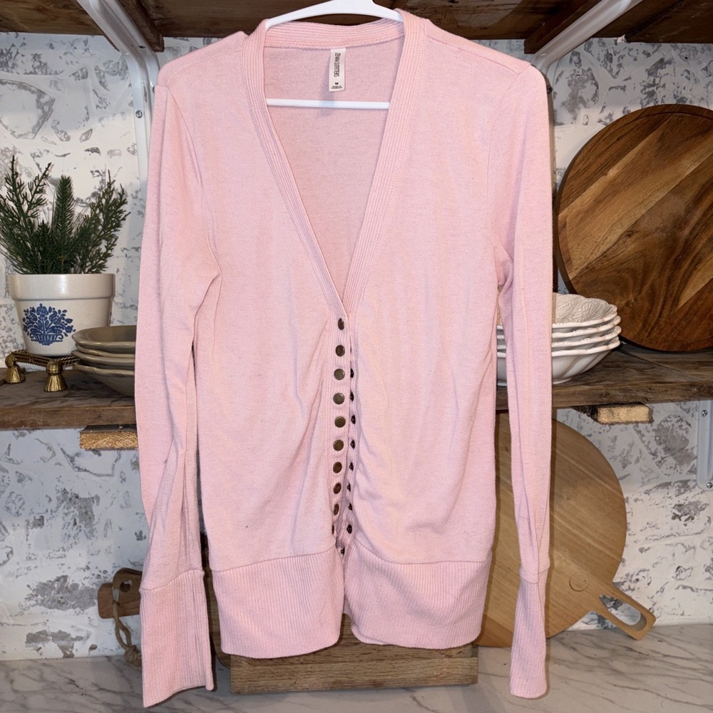 Zeana Outfitters Utilitarian Metal Snaps Soft Pink Long Fitted Cardigan Women M